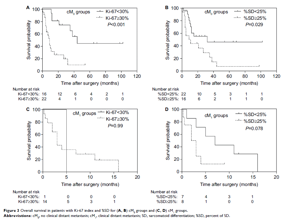 Figure 3 Overall survival in patients with Ki-67 index and %SD for (A, B) cM0 groups and (C, D) cM1 groups.
