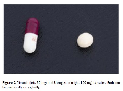 Figure 2 Yimaxin (left, 50 mg) and Utrogestan (right, 100 mg) capsules...