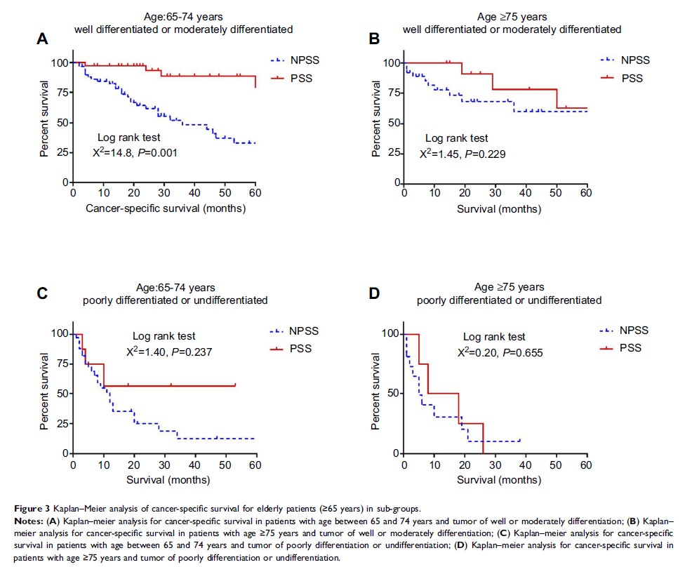 Figure 3 Kaplan–Meier analysis of cancer-specific survival for elderly patients (≥65 years) in sub-groups.