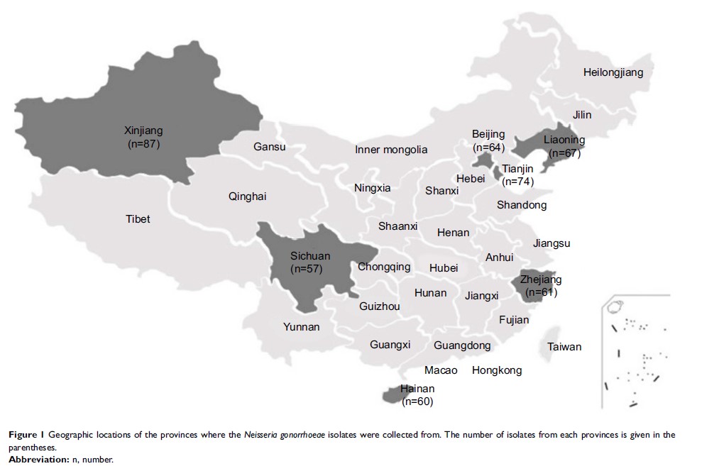 Figure 1 Geographic locations of the provinces where the Neisseria gonorrhoeae isolates were collected from...